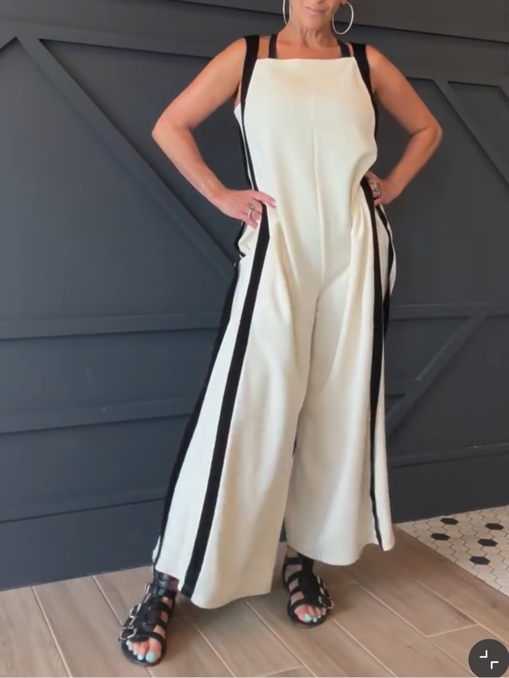 Cream Wide-Leg Jumpsuit with Black Trim Details
